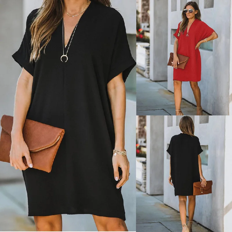 Wrap - Style Women Dress with Adjustable Fit for All Body Types Wrap - Style Women Dress with Adjustable Fit for All Body Types Women's V-neck Short-sleeved Solid Color Loose Dresses