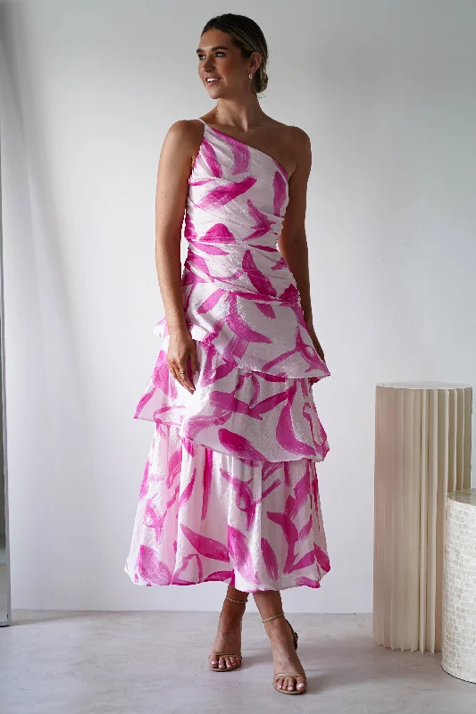 Maxi dresses with fringe trim for a bohemian vibeAster Print Ruffle Maxi Dress | Pink Print