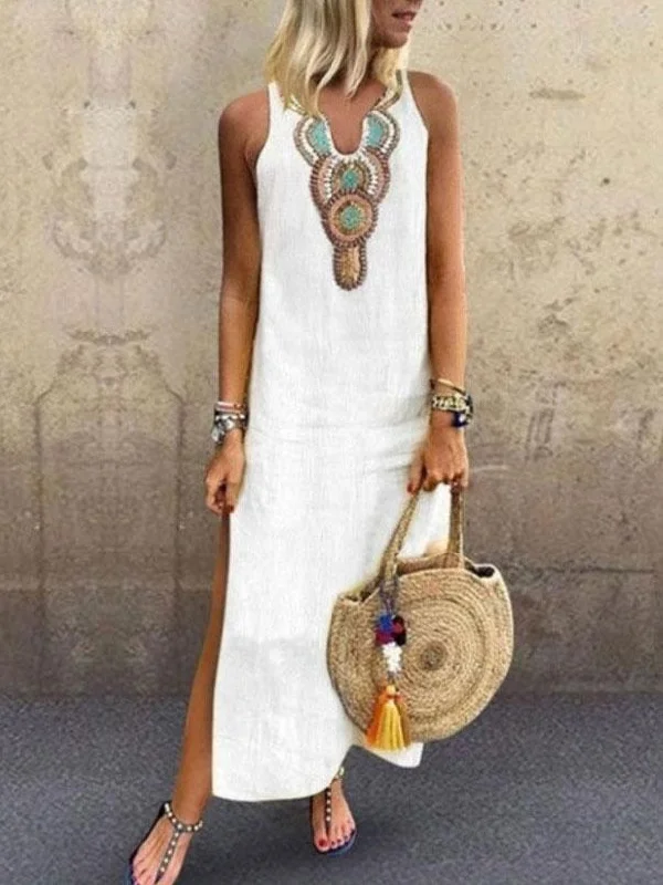 Bohemian Sleeveless Deep V-neck Side Slit Dress