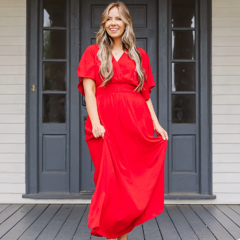 Maxi dresses with an asymmetric hem for a fashion - forward and eye - catching designFeeling Good Maxi Dress, Red