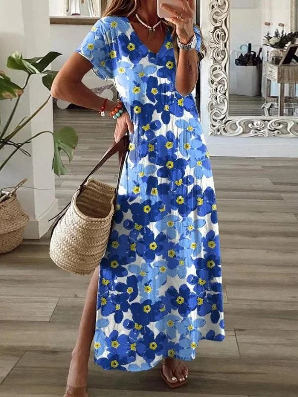 Flower Print V-Neck Short Sleeve Split Dress