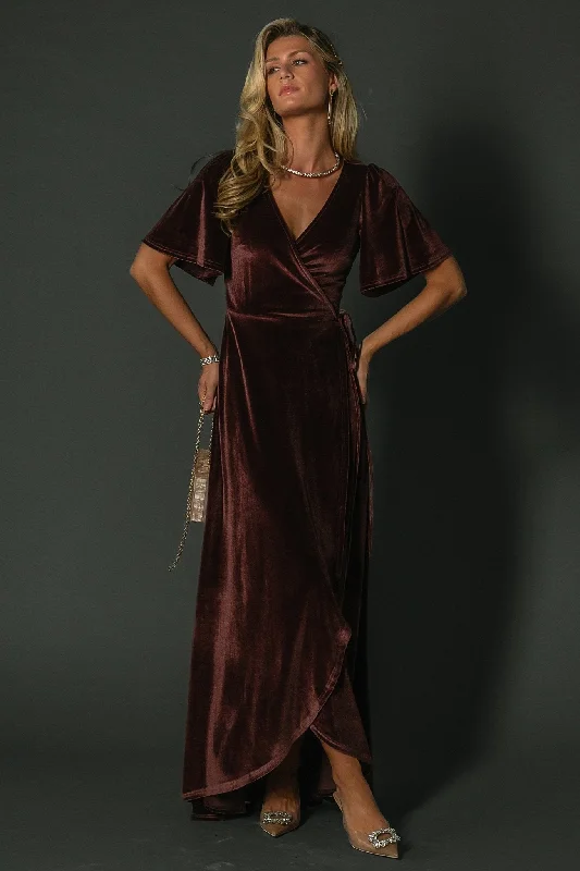 Leather maxi dresses for an edgy and bold appearanceKatelyn Velvet Maxi Wrap Dress | Clove