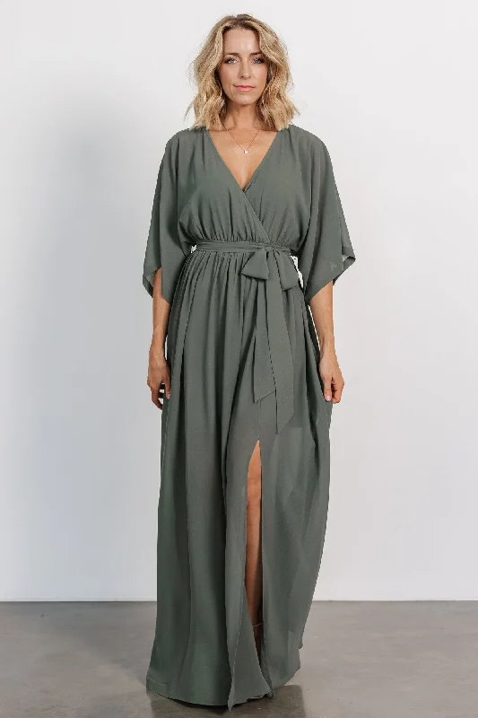 Maxi dresses with pom - pom trims for a playful and festive lookKia Kimono Maxi Dress | Dark Sage