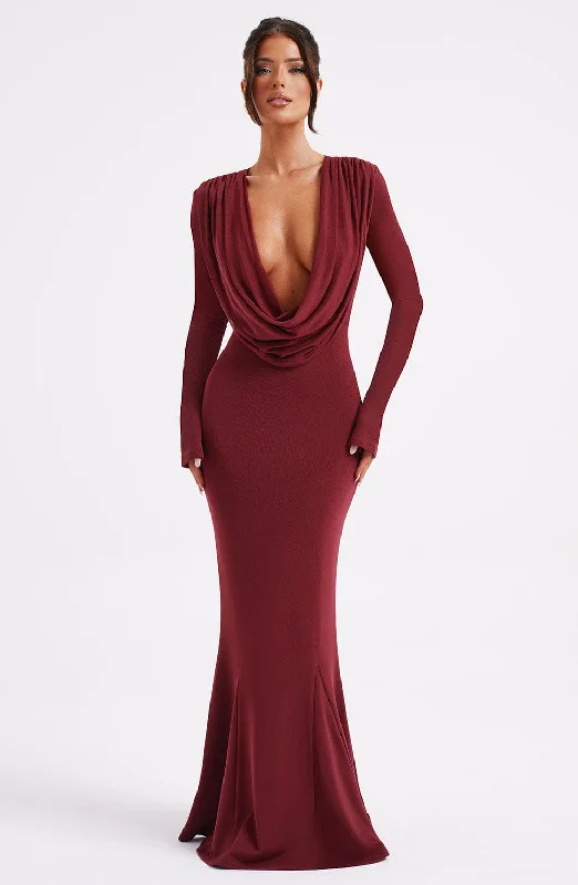 Denim maxi dresses with frayed hems for a casual lookMartina Maxi Dress - Burgundy