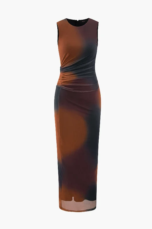 Maxi dresses with one - shoulder designs for a stylish and asymmetric lookTie Dye Mesh Slit Sleeveless Maxi Dress