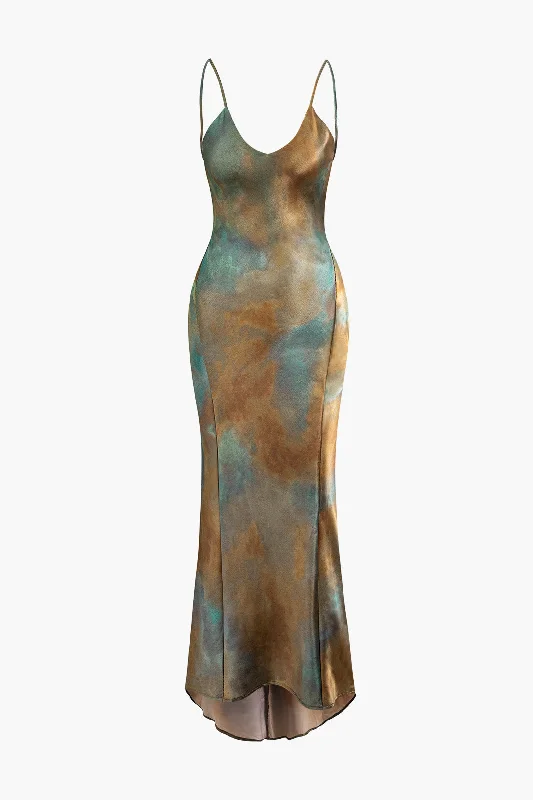 Printed maxi dresses with abstract patterns for an artistic lookTie Dye V-neck Satin Maxi Dress