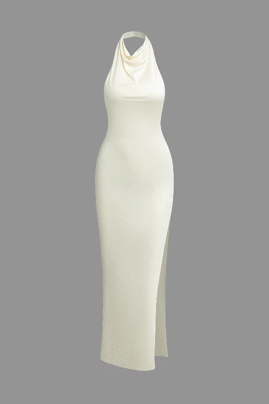 Maxi dresses with thin spaghetti straps for a delicate and feminine feelSolid Halter Backless Slit Sleeveless Maxi Dress