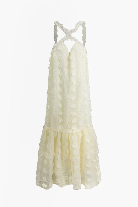 Maxi dresses with pom - pom trims for a playful and festive look3D Flower Cross Strap Tiered Maxi Dress