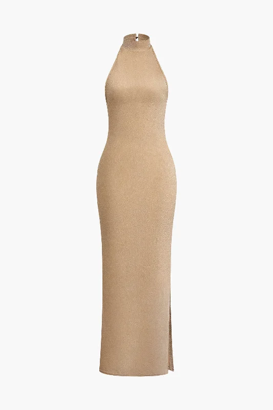 Linen maxi dresses for a breathable and lightweight summer optionHalter Backless Slit Maxi Dress
