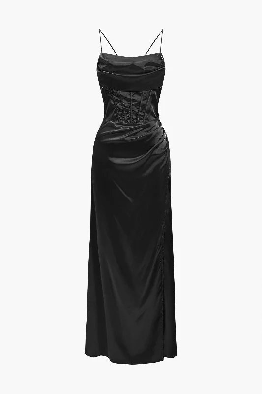 Corset Cowl Neck High Slit Maxi Dress