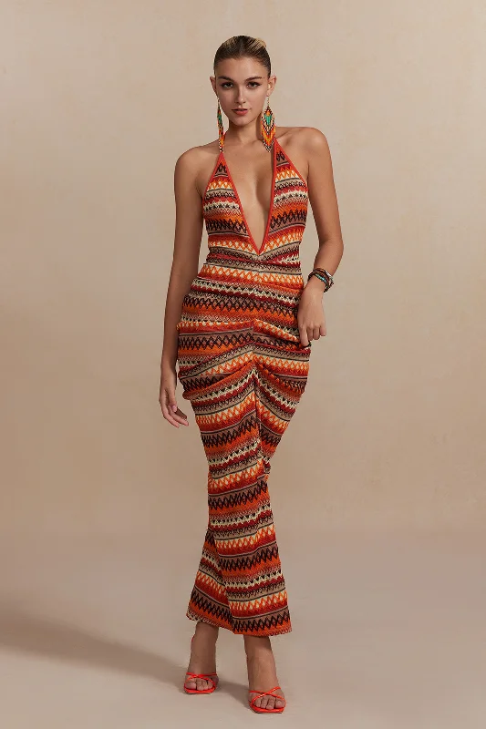 Maxi dresses with a criss - cross back for a flirty and unique detailZigzag Stripe Halter Backless Knit Maxi Dress