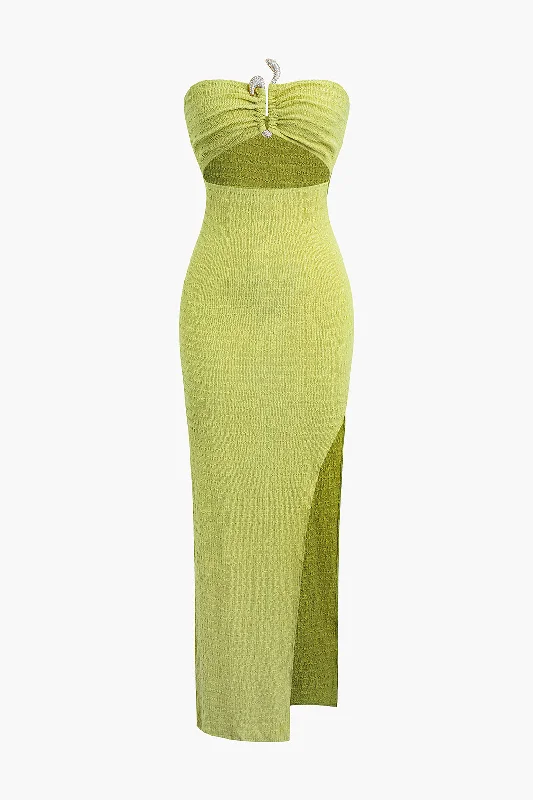 Textured Ruched Cut Out Strapless Slit Maxi Dress