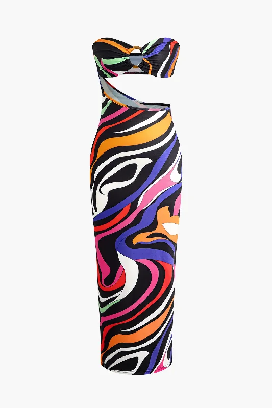 Satin maxi dresses with a high - low hem for a modern twistAbstract Print Cut Out Strapless Maxi Dress
