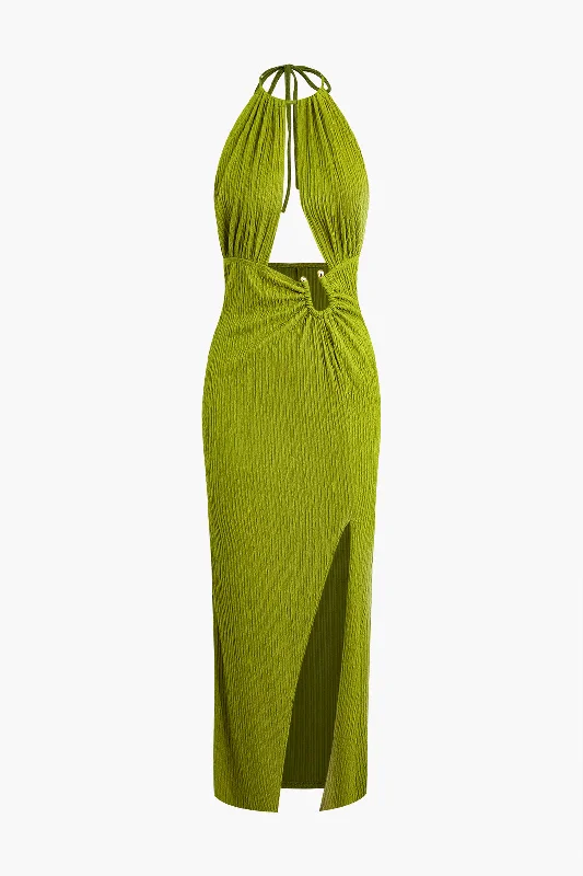 U-Ring Detail Halter Slit Backless Maxi Dress