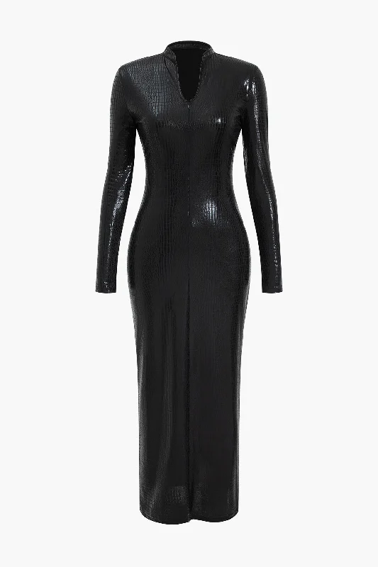 Maxi dresses with embroidered floral motifs for a unique designCrocodile Faux Leather Zipper V-Neck Maxi Dress