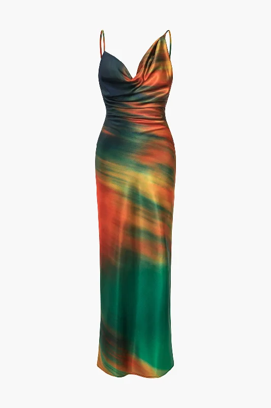 Maxi dresses with mesh panels for a sexy and trendy appearanceOmbre Print Cowl Neck Asymmetrical Slip Maxi Dress