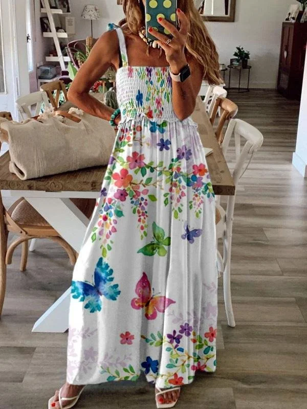 Sleeveless V-Neck Butterfly Print Dress