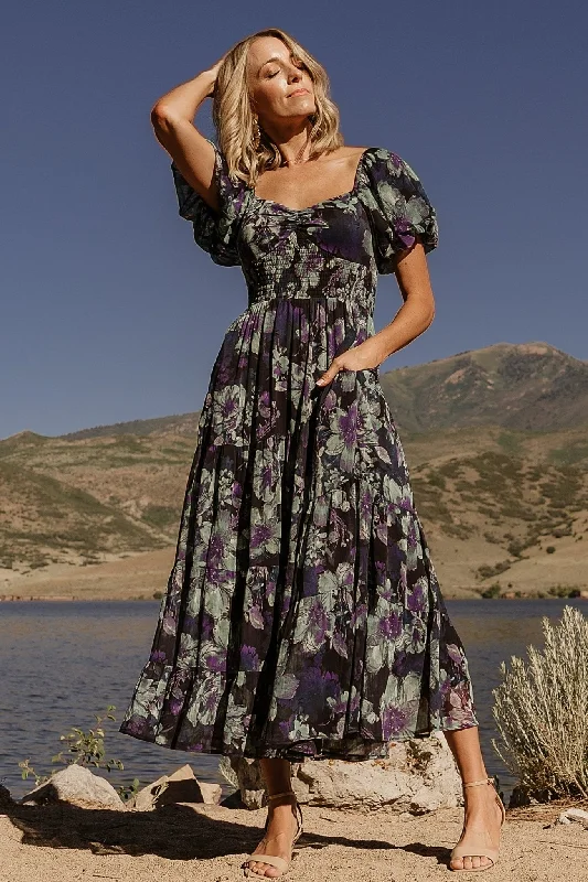 Ruffled maxi dresses with a tiered skirt for added volumeSuzy Maxi Dress | Dark Blue Multi