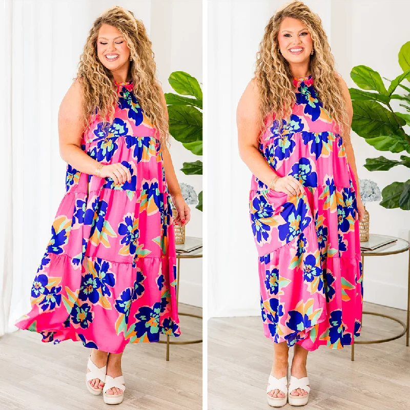 Maxi dresses with thin spaghetti straps for a delicate and feminine feelTime Is Precious Dress, Hot Pink Mix