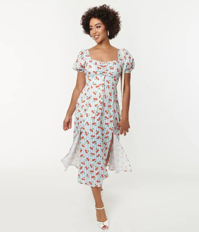 Unique Vintage 1940s Light Blue Stripe & Cherry Print Midi Dress