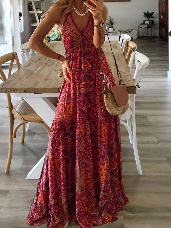 Maxi dresses with a belted empire waist for a more defined and flattering silhouetteBohemian Print Sling Sleeveless Dress