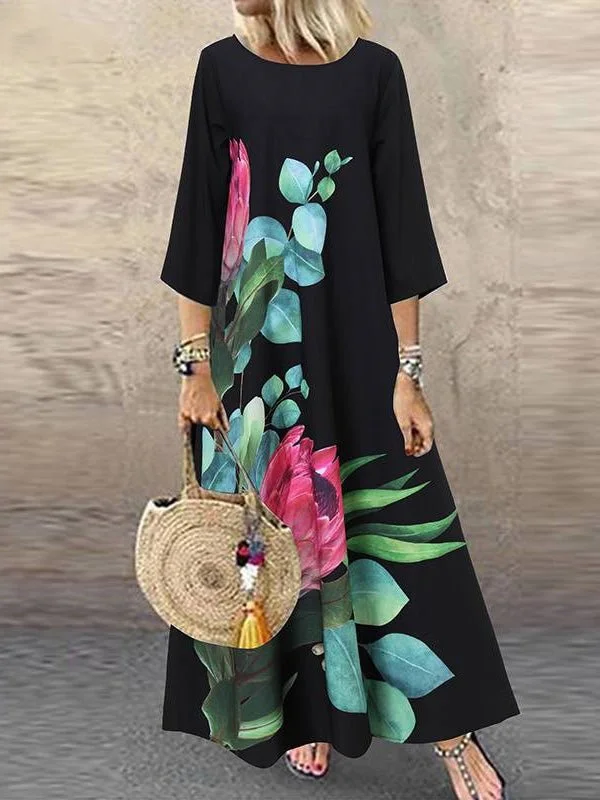 Maxi dresses with balloon sleeves for a vintage - inspired styleCasual Print Crew Neck Mid Sleeve Dress