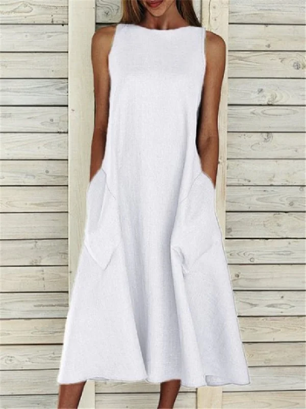Polyester maxi dresses for easy - care and durabilityCasual Solid Sleeveless Pocket Dress