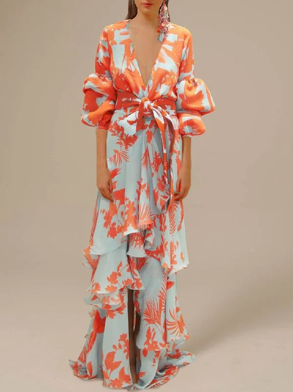 Maxi dresses with ribbed textures for a unique and tactile lookDeep V Neck Irregular Boho Print Chiffon Dress