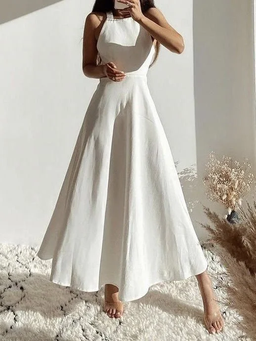 Denim maxi dresses with frayed hems for a casual lookHalter Bare Back Sleeveless Dress