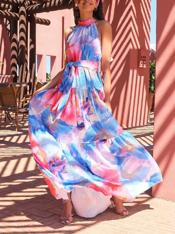Satin maxi dresses with a high - low hem for a modern twistMulticolor Print Halter Neck Sleeveless Dress