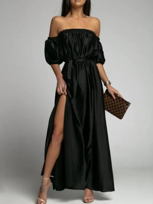 Maxi dresses with patchwork designs for a one - of - a - kind styleOne-Shoulder Short Sleeve Slit Dress