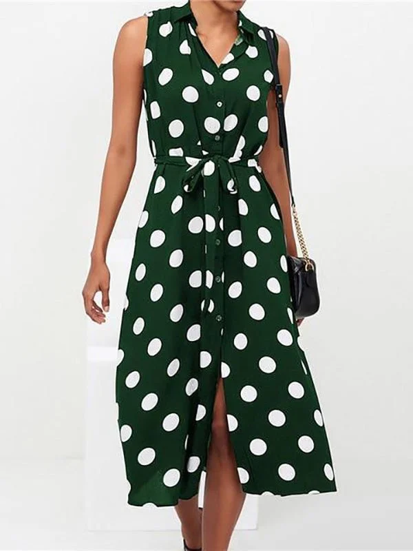 Maxi dresses with beaded embellishments for a fancy and luxurious eventPolka Dot Print Lace-Up Sleeveless Shirt Dress