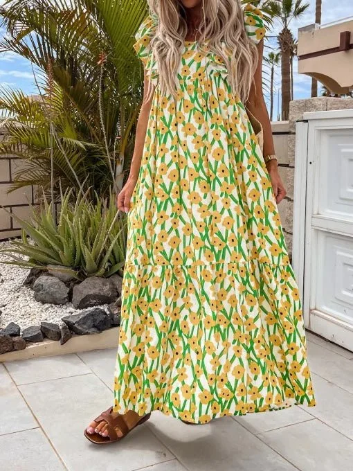 Denim maxi dresses with frayed hems for a casual lookPrinted Bare Back Ruffle Sleeve Dress
