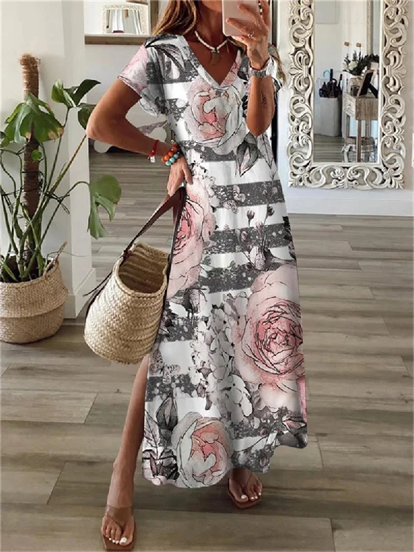 Maxi dresses with a pleated skirt for a timeless and elegant appearancePrinted V-Neck Short Sleeve Slit Dress