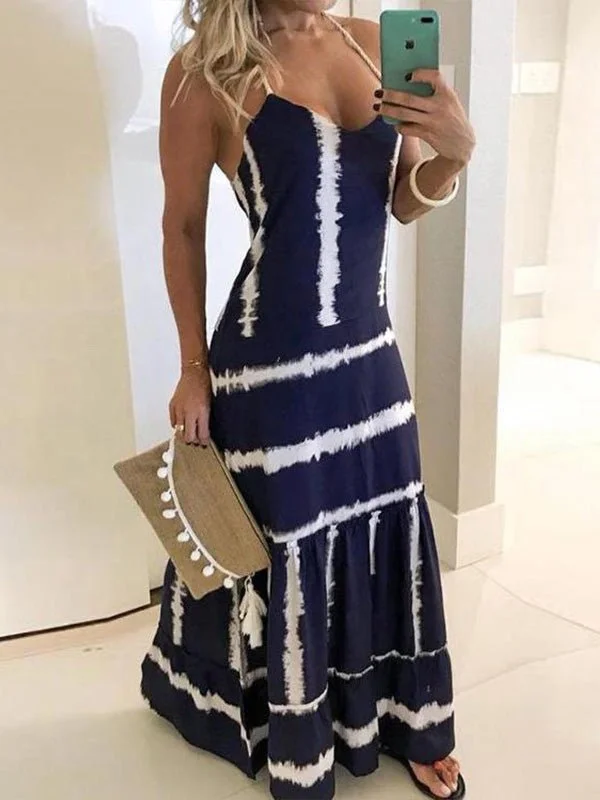 Maxi dresses with patchwork designs for a one - of - a - kind styleSling Stripe Print Sleeveless Fitted Dress