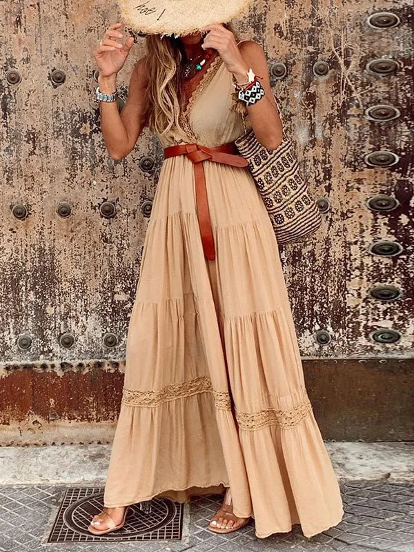 Strapless maxi dresses for a beachside vacationSling V-Neck Lace Panel Sleeveless Dress