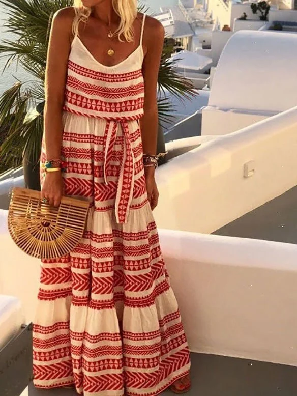 Maxi dresses with one - shoulder designs for a stylish and asymmetric lookStriped Print V-Neck Sling Belted Dress