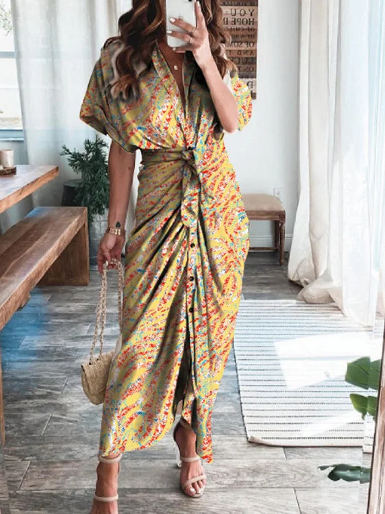 Cotton maxi dresses for a comfortable and everyday - wear optionTextured Print Pleated Lace-Up Short Sleeve Dress