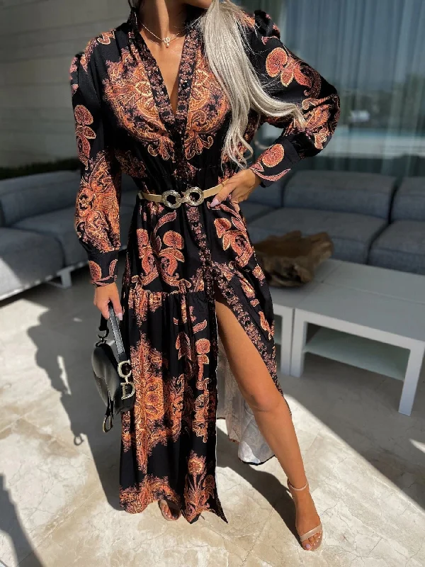 Animal print maxi dresses for a statement - making outfitVintage Print Long Sleeve Slit Dress
