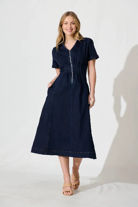 Midi dresses with halter necks for a stylish and comfortable optionAdrianna Midi Dress In Dark Blue Denim