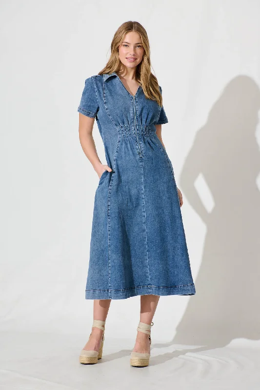 Midi dresses with one - shoulder designs for a modern and asymmetric styleAdrianna Midi Dress In Mid Blue Denim