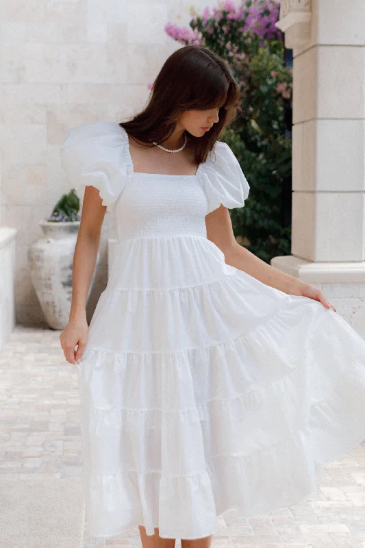 Midi dresses with side slits for a sexy and elegant appearanceAnnette Puff Sleeve Shirred Midi Dress - White