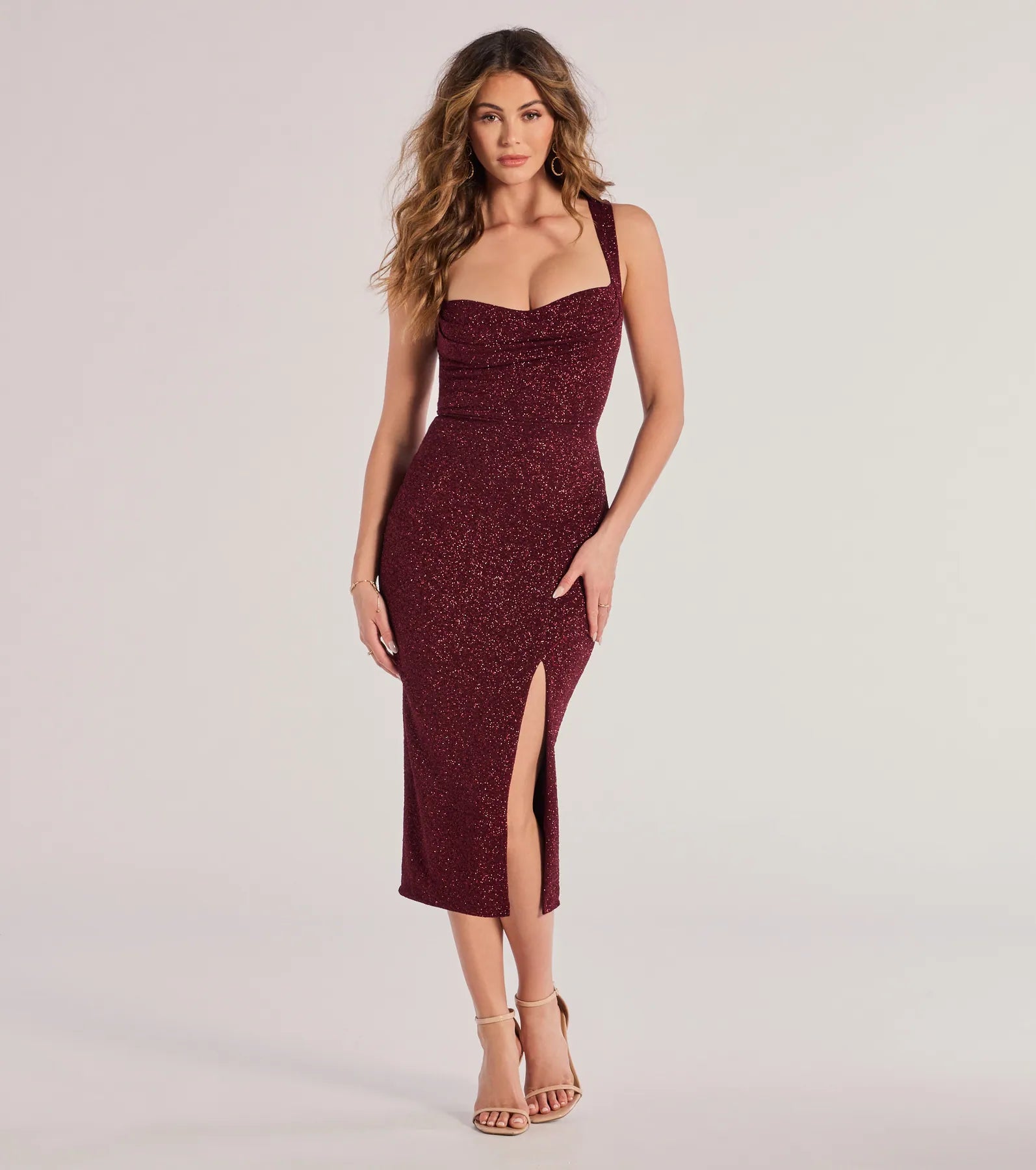 Midi dresses with belted waists to accentuate the figureArlette Lace-Up High Slit Glitter Knit Midi Dress