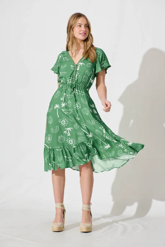 Avondale Midi Dress In Green With White Print