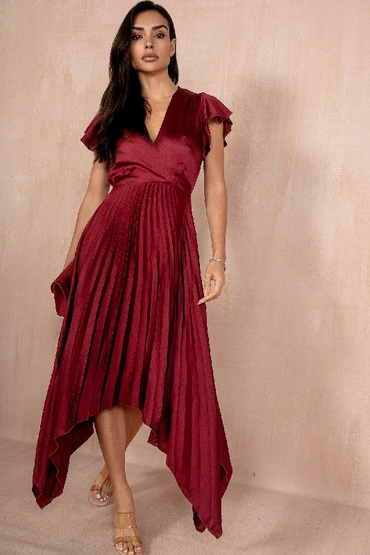 Midi dresses with abstract art prints for an artistic statementBetha Burgundy Satin Pleated Dress