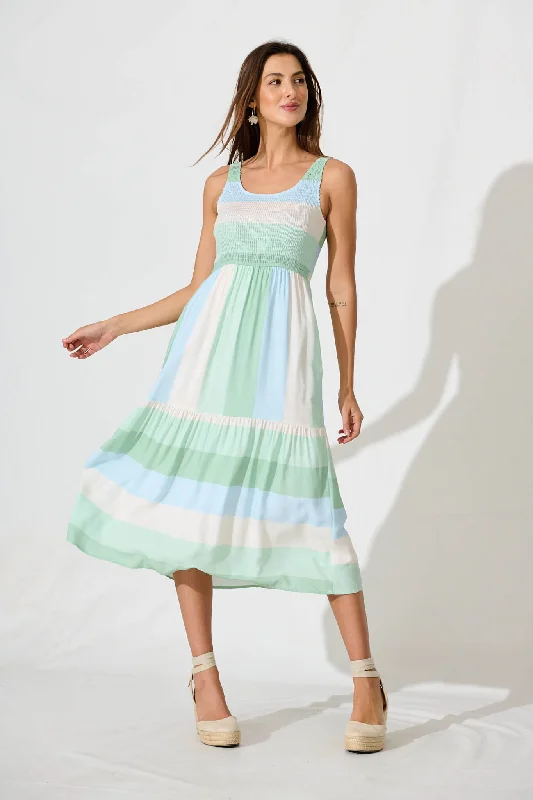 Caribbean Midi Dress In Green With Blue Linen Blend