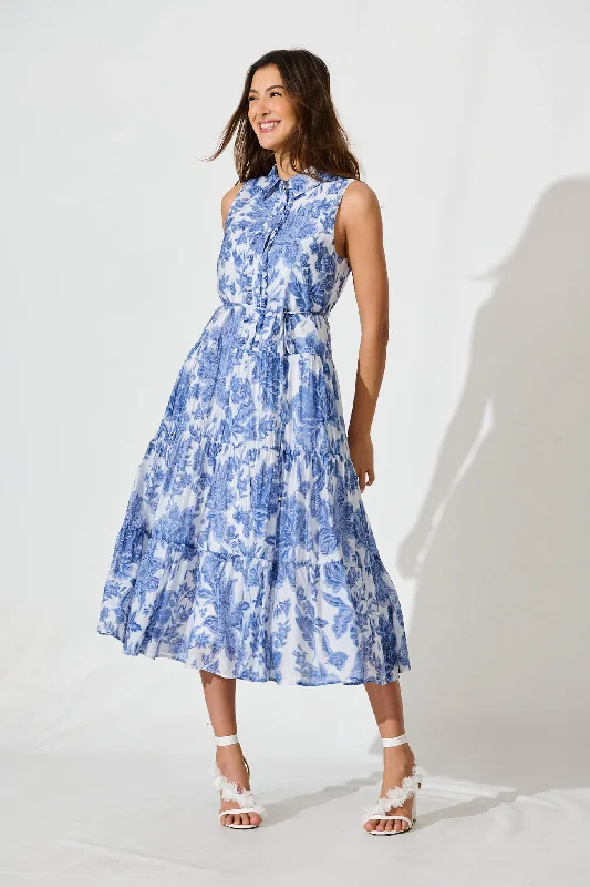Midi dresses with mesh inserts for a trendy and breathable optionClaremont Midi Dress In White With Blue Print Cotton Blend