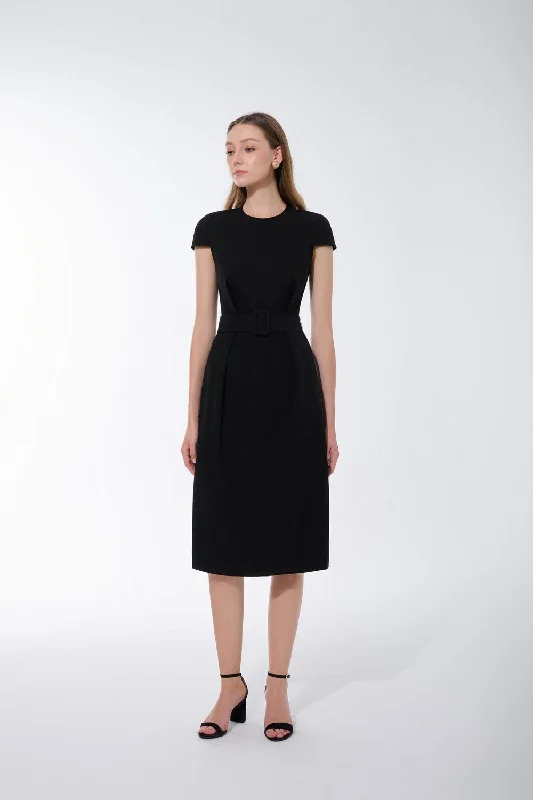 Erina A-line Cap Sleeved Twill Midi Dress