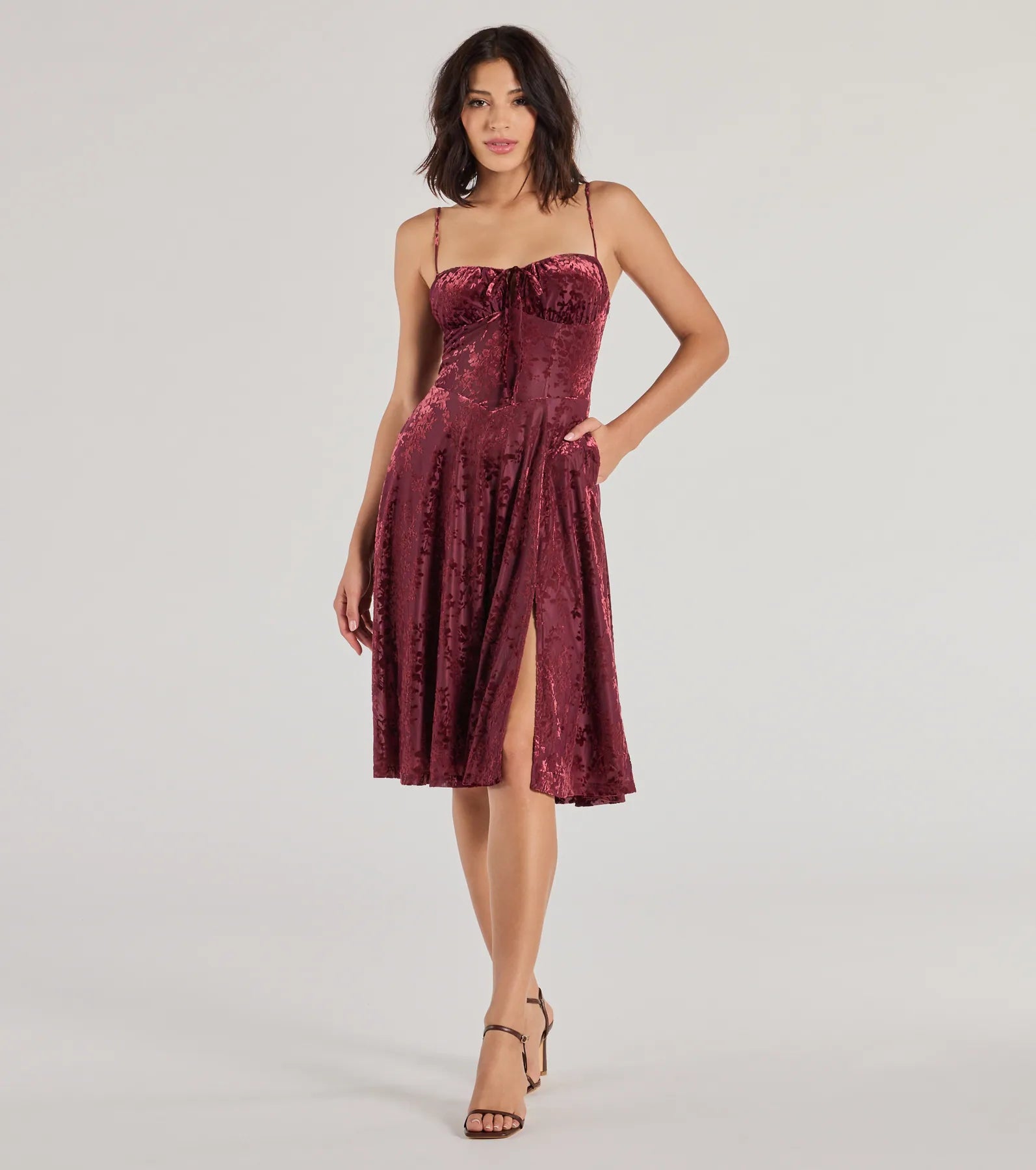 Midi dresses with off - the - shoulder necklines for a flirty lookFloral Beauty Velvet Flocked Mesh Midi Dress