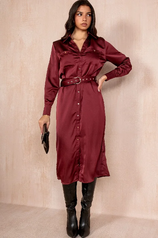 A - line midi dresses with floral prints for spring brunchesGiselle Burgundy Satin Shirt Dress